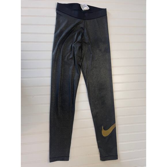 Nike Pro Dri Fit Metallic Gold Shimmer Training Leggings Running Womens Medium - Picture 3 of 9